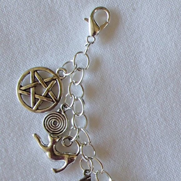 Wicca Witch Pagan Theme Charm Bracelet SP Handcrafted + Organza Roses Gift Bag - Picture 5 of 8